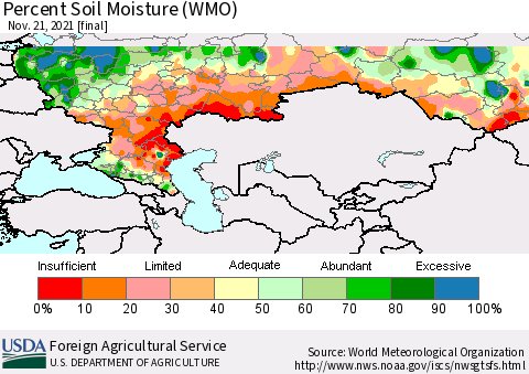 Russian Federation Percent Soil Moisture (WMO) Thematic Map For 11/15/2021 - 11/21/2021
