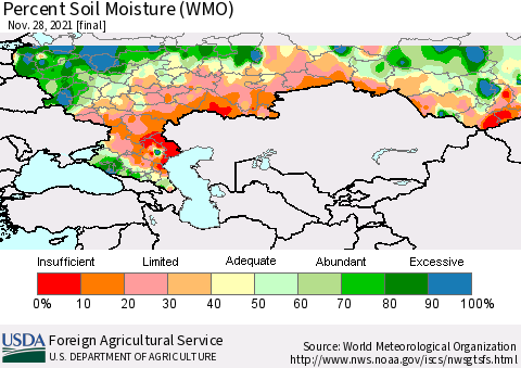 Russian Federation Percent Soil Moisture (WMO) Thematic Map For 11/22/2021 - 11/28/2021