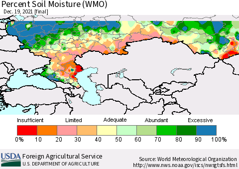 Russian Federation Percent Soil Moisture (WMO) Thematic Map For 12/13/2021 - 12/19/2021