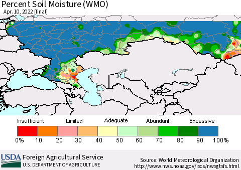 Russian Federation Percent Soil Moisture (WMO) Thematic Map For 4/4/2022 - 4/10/2022