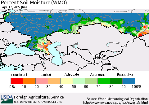 Russian Federation Percent Soil Moisture (WMO) Thematic Map For 4/11/2022 - 4/17/2022