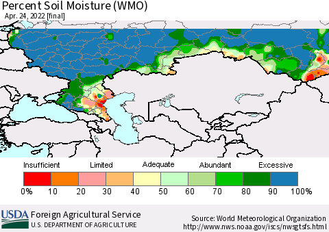 Russian Federation Percent Soil Moisture (WMO) Thematic Map For 4/18/2022 - 4/24/2022