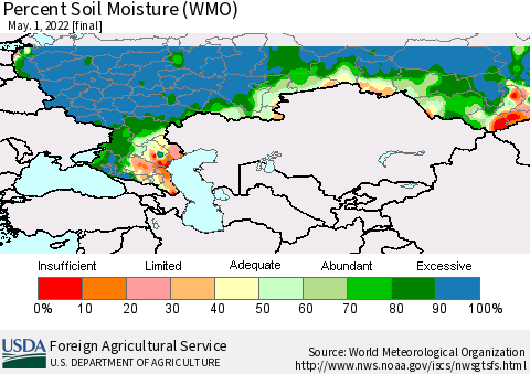 Russian Federation Percent Soil Moisture (WMO) Thematic Map For 4/25/2022 - 5/1/2022