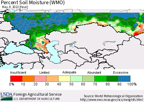 Russian Federation Percent Soil Moisture (WMO) Thematic Map For 5/2/2022 - 5/8/2022