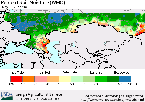 Russian Federation Percent Soil Moisture (WMO) Thematic Map For 5/9/2022 - 5/15/2022