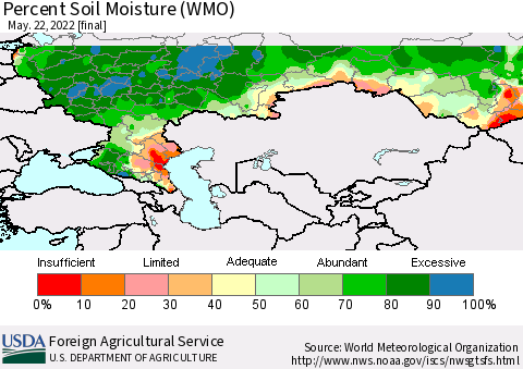 Russian Federation Percent Soil Moisture (WMO) Thematic Map For 5/16/2022 - 5/22/2022