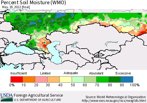 Russian Federation Percent Soil Moisture (WMO) Thematic Map For 5/23/2022 - 5/29/2022