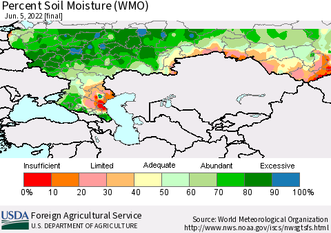 Russian Federation Percent Soil Moisture (WMO) Thematic Map For 5/30/2022 - 6/5/2022