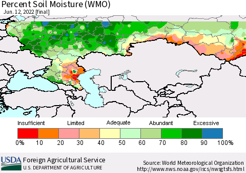 Russian Federation Percent Soil Moisture (WMO) Thematic Map For 6/6/2022 - 6/12/2022