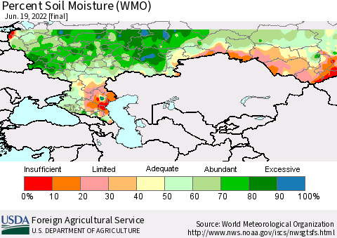 Russian Federation Percent Soil Moisture (WMO) Thematic Map For 6/13/2022 - 6/19/2022