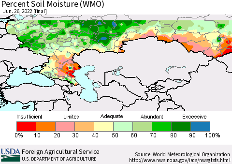 Russian Federation Percent Soil Moisture (WMO) Thematic Map For 6/20/2022 - 6/26/2022