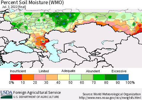 Russian Federation Percent Soil Moisture (WMO) Thematic Map For 6/27/2022 - 7/3/2022
