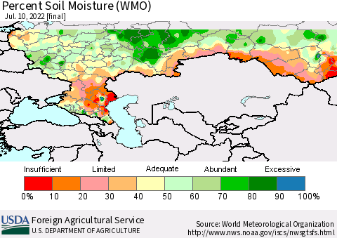 Russian Federation Percent Soil Moisture (WMO) Thematic Map For 7/4/2022 - 7/10/2022