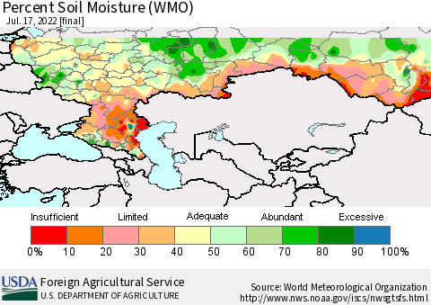 Russian Federation Percent Soil Moisture (WMO) Thematic Map For 7/11/2022 - 7/17/2022