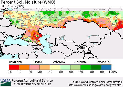 Russian Federation Percent Soil Moisture (WMO) Thematic Map For 7/18/2022 - 7/24/2022
