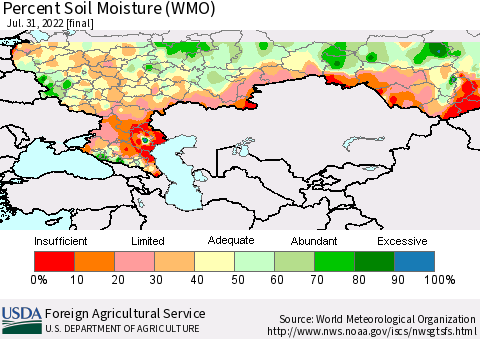 Russian Federation Percent Soil Moisture (WMO) Thematic Map For 7/25/2022 - 7/31/2022