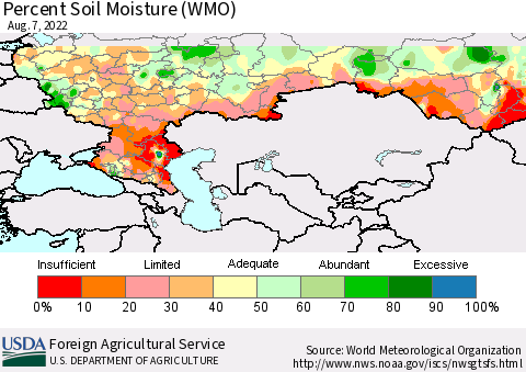 Russian Federation Percent Soil Moisture (WMO) Thematic Map For 8/1/2022 - 8/7/2022