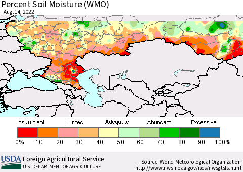 Russian Federation Percent Soil Moisture (WMO) Thematic Map For 8/8/2022 - 8/14/2022