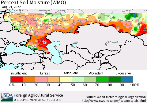 Russian Federation Percent Soil Moisture (WMO) Thematic Map For 8/15/2022 - 8/21/2022