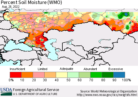 Russian Federation Percent Soil Moisture (WMO) Thematic Map For 8/22/2022 - 8/28/2022