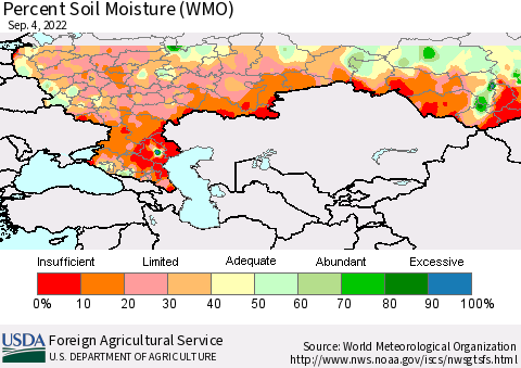 Russian Federation Percent Soil Moisture (WMO) Thematic Map For 8/29/2022 - 9/4/2022