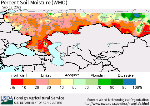 Russian Federation Percent Soil Moisture (WMO) Thematic Map For 9/12/2022 - 9/18/2022
