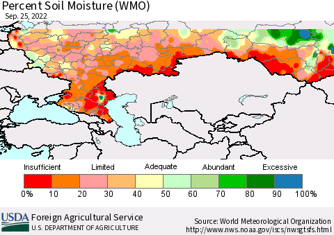 Russian Federation Percent Soil Moisture (WMO) Thematic Map For 9/19/2022 - 9/25/2022
