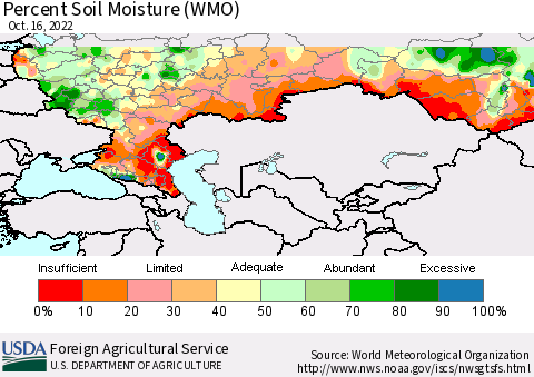 Russian Federation Percent Soil Moisture (WMO) Thematic Map For 10/10/2022 - 10/16/2022
