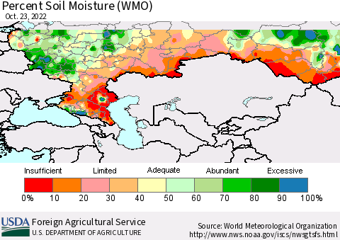 Russian Federation Percent Soil Moisture (WMO) Thematic Map For 10/17/2022 - 10/23/2022