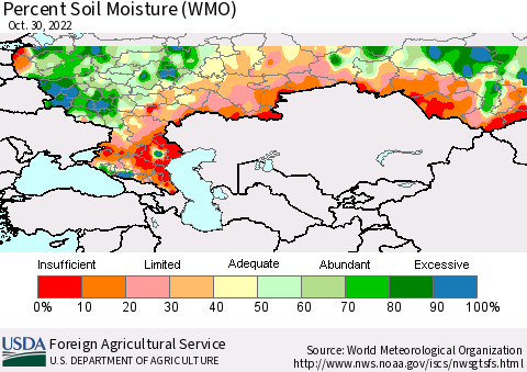 Russian Federation Percent Soil Moisture (WMO) Thematic Map For 10/24/2022 - 10/30/2022