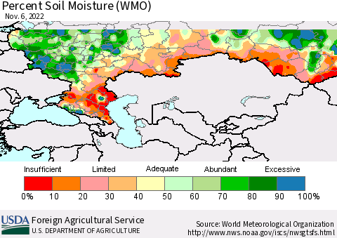 Russian Federation Percent Soil Moisture (WMO) Thematic Map For 10/31/2022 - 11/6/2022