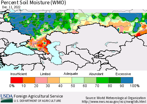 Russian Federation Percent Soil Moisture (WMO) Thematic Map For 12/5/2022 - 12/11/2022