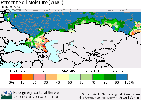 Russian Federation Percent Soil Moisture (WMO) Thematic Map For 3/13/2023 - 3/19/2023
