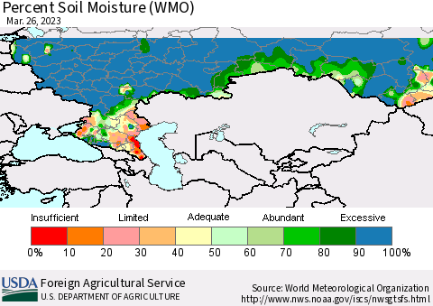 Russian Federation Percent Soil Moisture (WMO) Thematic Map For 3/20/2023 - 3/26/2023