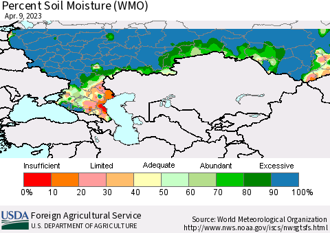 Russian Federation Percent Soil Moisture (WMO) Thematic Map For 4/3/2023 - 4/9/2023