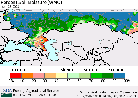 Russian Federation Percent Soil Moisture (WMO) Thematic Map For 4/17/2023 - 4/23/2023