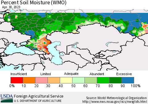 Russian Federation Percent Soil Moisture (WMO) Thematic Map For 4/24/2023 - 4/30/2023