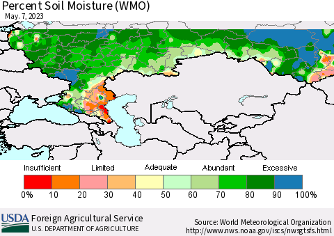 Russian Federation Percent Soil Moisture (WMO) Thematic Map For 5/1/2023 - 5/7/2023