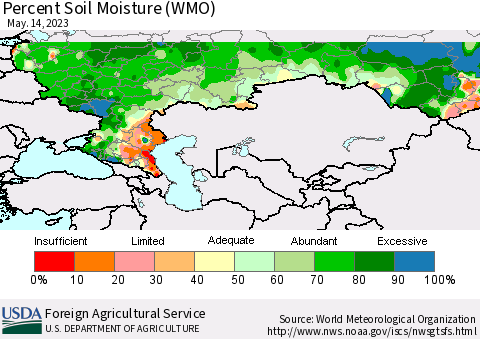 Russian Federation Percent Soil Moisture (WMO) Thematic Map For 5/8/2023 - 5/14/2023