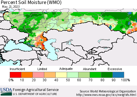 Russian Federation Percent Soil Moisture (WMO) Thematic Map For 5/15/2023 - 5/21/2023