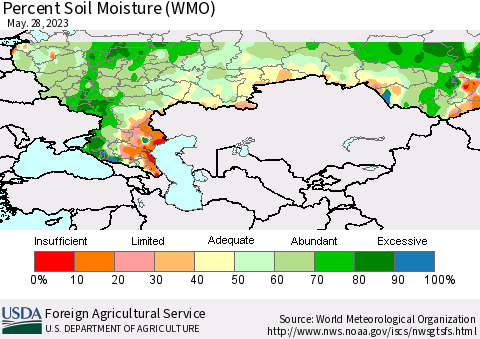 Russian Federation Percent Soil Moisture (WMO) Thematic Map For 5/22/2023 - 5/28/2023