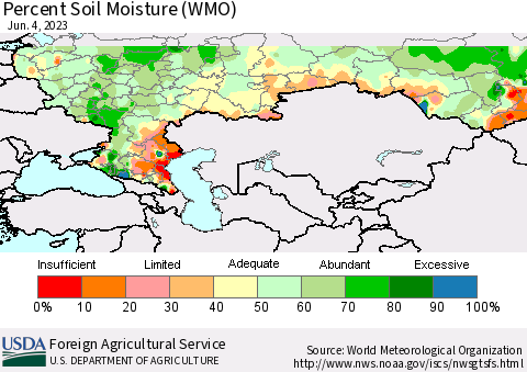 Russian Federation Percent Soil Moisture (WMO) Thematic Map For 5/29/2023 - 6/4/2023