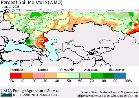 Russian Federation Percent Soil Moisture (WMO) Thematic Map For 6/5/2023 - 6/11/2023