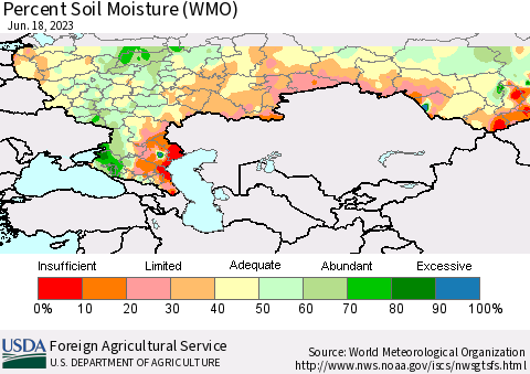 Russian Federation Percent Soil Moisture (WMO) Thematic Map For 6/12/2023 - 6/18/2023