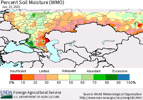 Russian Federation Percent Soil Moisture (WMO) Thematic Map For 6/19/2023 - 6/25/2023
