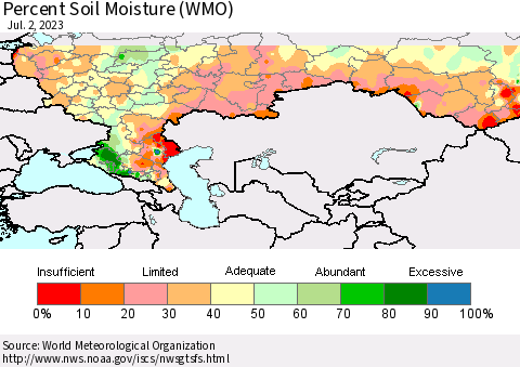 Russian Federation Percent Soil Moisture (WMO) Thematic Map For 6/26/2023 - 7/2/2023