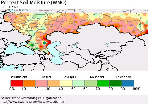 Russian Federation Percent Soil Moisture (WMO) Thematic Map For 7/3/2023 - 7/9/2023