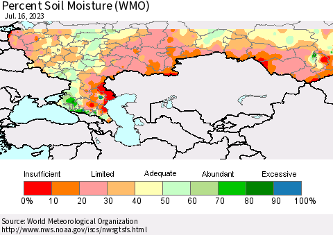 Russian Federation Percent Soil Moisture (WMO) Thematic Map For 7/10/2023 - 7/16/2023