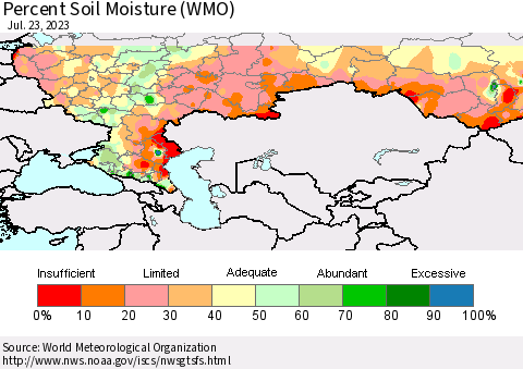 Russian Federation Percent Soil Moisture (WMO) Thematic Map For 7/17/2023 - 7/23/2023