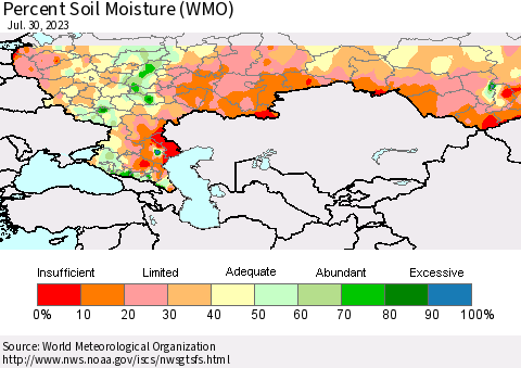 Russian Federation Percent Soil Moisture (WMO) Thematic Map For 7/24/2023 - 7/30/2023